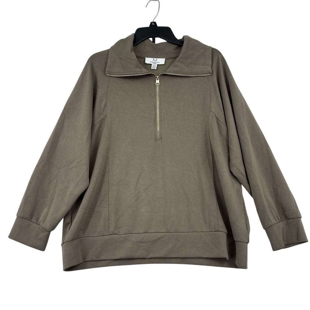 Magaschoni Quarter Zip Sweatshirt Size 1X Olive Green Mock Neck Pullover Stretch
